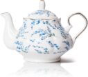 33.8 oz Porcelain Tea Pot Luxury Gold Trim Floral Ceramic Teapot Waterpot Tea Maker for Blooming Loose Leaf Tea Coffee Milk Chrismas Women Gift Housewarming Home Kitchen Décor (Blue Blossom)
