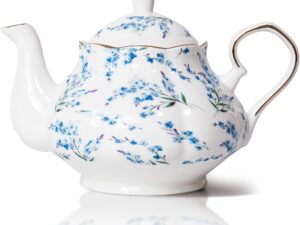 33.8 oz Porcelain Tea Pot Luxury Gold Trim Floral Ceramic Teapot Waterpot Tea Maker for Blooming Loose Leaf Tea Coffee Milk Chrismas Women Gift Housewarming Home Kitchen Décor (Blue Blossom)