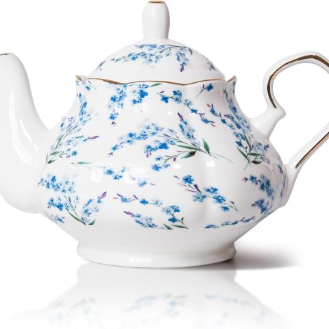 33.8 oz Porcelain Tea Pot Luxury Gold Trim Floral Ceramic Teapot Waterpot Tea Maker for Blooming Loose Leaf Tea Coffee Milk Chrismas Women Gift Housewarming Home Kitchen Décor (Blue Blossom)