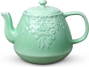Teapot, Porcelain Tea Pot with Infuser and Lid, Blooming & Loose Leaf Ceramic Teapot, 37 Ounce, Light Green