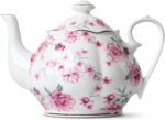 Floral Tea Pot with Gift Box, 38 oz, White with Pink Roses & Gold Trim, Porcelain Teapot Ceramic, Dishwasher Safe