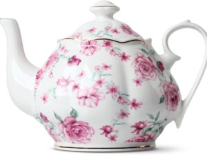 Floral Tea Pot with Gift Box, 38 oz, White with Pink Roses & Gold Trim, Porcelain Teapot Ceramic, Dishwasher Safe