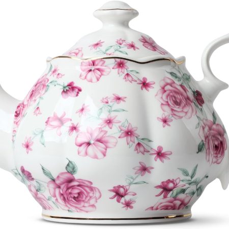 Floral Tea Pot with Gift Box, 38 oz, White with Pink Roses & Gold Trim, Porcelain Teapot Ceramic, Dishwasher Safe