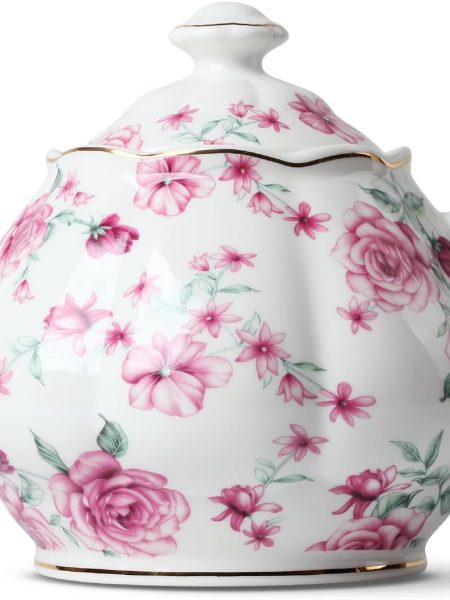 Floral Tea Pot with Gift Box, 38 oz, White with Pink Roses & Gold Trim, Porcelain Teapot Ceramic, Dishwasher Safe