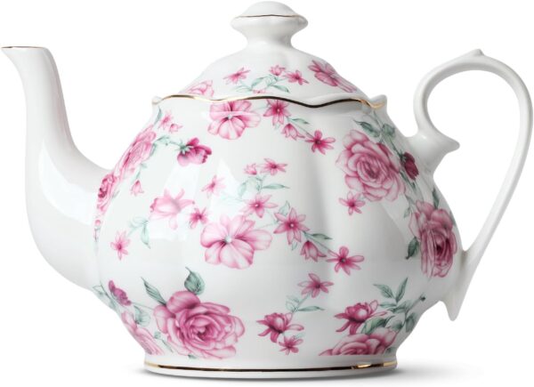 Floral Tea Pot with Gift Box, 38 oz, White with Pink Roses & Gold Trim, Porcelain Teapot Ceramic, Dishwasher Safe