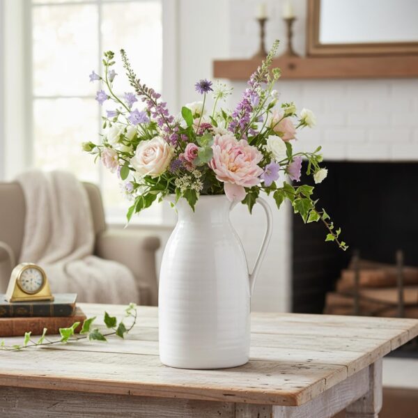 Farmhouse Pitcher Vase for Flowers- Ceramic Pitcher White Flower Vase for Your Kitchen/Home Decor/Office/Living Room/Bookshelf/Mantel/-White