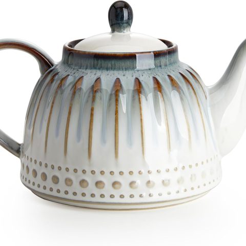 Ceramic Teapot, Beaded Retro Flower Glaze, 1100ml/37 oz Large Tea Pot for Loose Tea or Bags, Enough for 4 Cups, Nebula Blue