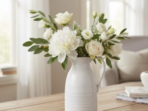 Farmhouse Pitcher Vase for Flowers- Ceramic Pitcher White Flower Vase for Your Kitchen/Home Decor/Office/Living Room/Bookshelf/Mantel/-White