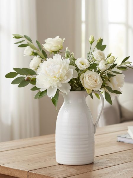 Farmhouse Pitcher Vase for Flowers- Ceramic Pitcher White Flower Vase for Your Kitchen/Home Decor/Office/Living Room/Bookshelf/Mantel/-White