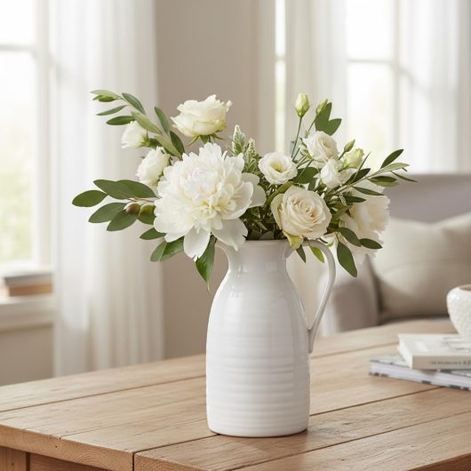 Farmhouse Pitcher Vase for Flowers- Ceramic Pitcher White Flower Vase for Your Kitchen/Home Decor/Office/Living Room/Bookshelf/Mantel/-White