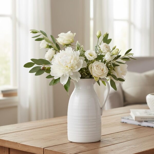 Farmhouse Pitcher Vase for Flowers- Ceramic Pitcher White Flower Vase for Your Kitchen/Home Decor/Office/Living Room/Bookshelf/Mantel/-White