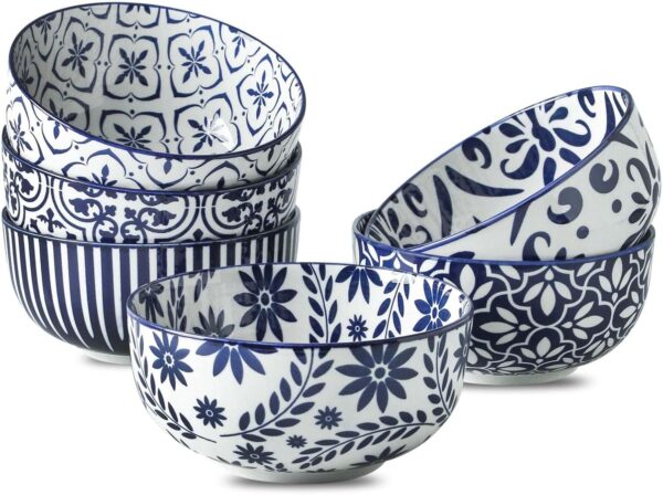 Cereal Bowls, 28 Ounce Ceramic Soup Bowls Set of 6, Large Bowl Set for Rice Salad Fruit Dessert Oatmeal Snack Ice Cream,Microwave & Dishwasher Safe, Bohemian Blue & White