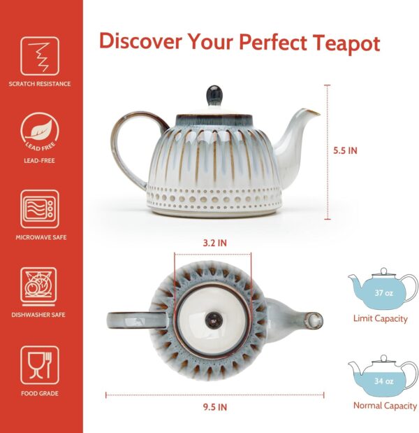 Ceramic Teapot, Beaded Retro Flower Glaze, 1100ml/37 oz Large Tea Pot for Loose Tea or Bags, Enough for 4 Cups, Nebula Blue