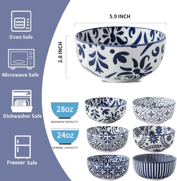 Cereal Bowls, 28 Ounce Ceramic Soup Bowls Set of 6, Large Bowl Set for Rice Salad Fruit Dessert Oatmeal Snack Ice Cream,Microwave & Dishwasher Safe, Bohemian Blue & White