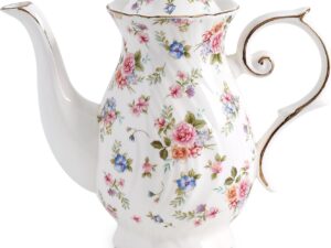 tea pot ceramic, Porcelain teapot with lid, 37oz for Tea, Milk, Coffee, Flower tea (White with small flowers)