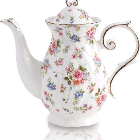 tea pot ceramic, Porcelain teapot with lid, 37oz for Tea, Milk, Coffee, Flower tea (White with small flowers)