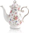 tea pot ceramic, Porcelain teapot with lid, 37oz for Tea, Milk, Coffee, Flower tea (White with small flowers)