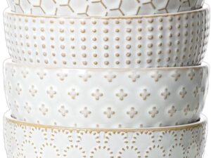 Small Bowls 12 OZ, Ice Cream Bowl, Ceramic Embossment Stoneware Bowl, Bowls Set for Dessert, Fruits, Side Dishes, Suit For Housewarming - 4.5 Inch, Set of 4, Arctic white