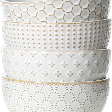 Small Bowls 12 OZ, Ice Cream Bowl, Ceramic Embossment Stoneware Bowl, Bowls Set for Dessert, Fruits, Side Dishes, Suit For Housewarming - 4.5 Inch, Set of 4, Arctic white