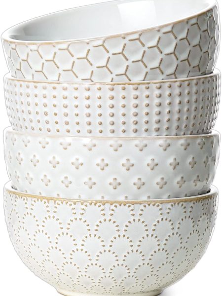 Small Bowls 12 OZ, Ice Cream Bowl, Ceramic Embossment Stoneware Bowl, Bowls Set for Dessert, Fruits, Side Dishes, Suit For Housewarming - 4.5 Inch, Set of 4, Arctic white