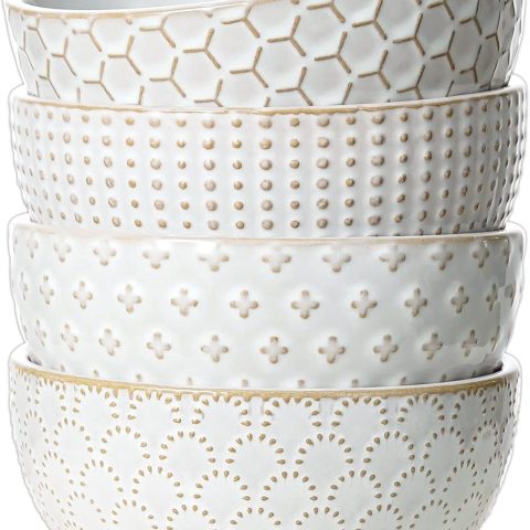 Small Bowls 12 OZ, Ice Cream Bowl, Ceramic Embossment Stoneware Bowl, Bowls Set for Dessert, Fruits, Side Dishes, Suit For Housewarming - 4.5 Inch, Set of 4, Arctic white