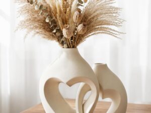 White Ceramic Flower Vase Home Table Decor Heart Shaped Vase Set of 2 | Boho Heart Shaped Minimalist Decorative Vases for coffee Table Centerpiece Wedding Dining Living Room Office House Decoration