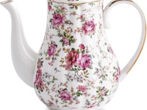 Tea Pot, Porcelain Teapot 37oz,tea pots for tea party,Tea Infuser Pots for Blooming loose Leaf Tea (White with flower)