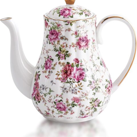 Tea Pot, Porcelain Teapot 37oz,tea pots for tea party,Tea Infuser Pots for Blooming loose Leaf Tea (White with flower)