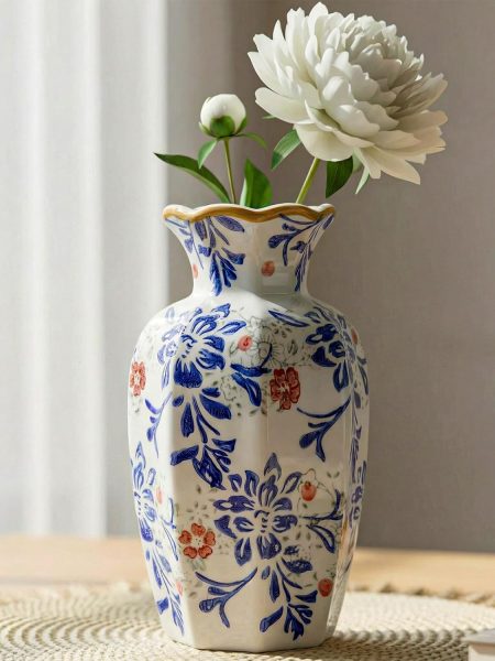 9.5 Inch Vintage Ceramic Vase Chinoiserie Blue and White Flower Vase Porcelain Decorative Antique for Living Room Kitchen Bedroom Decor Table Centerpiece