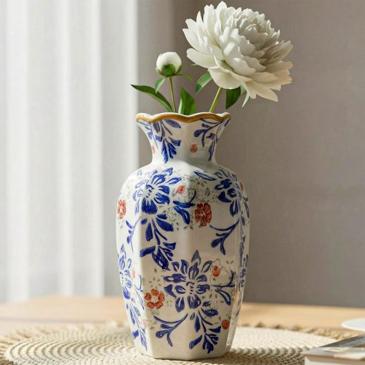 9.5 Inch Vintage Ceramic Vase Chinoiserie Blue and White Flower Vase Porcelain Decorative Antique for Living Room Kitchen Bedroom Decor Table Centerpiece