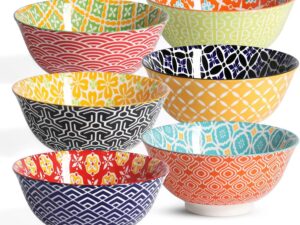 Ceramic Cereal Bowls, 23 Oz Colorful Soup Bowls, Deep Porcelain Bowl Set for Salad, Dessert, Pasta, Ice Cream,Set of 6