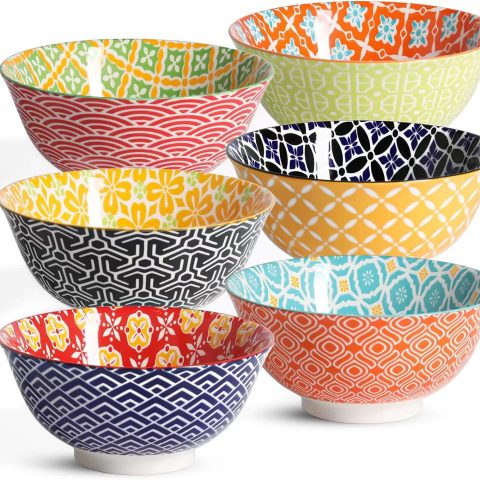 Ceramic Cereal Bowls, 23 Oz Colorful Soup Bowls, Deep Porcelain Bowl Set for Salad, Dessert, Pasta, Ice Cream,Set of 6
